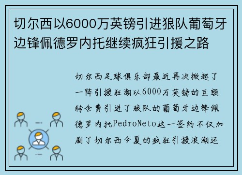 切尔西以6000万英镑引进狼队葡萄牙边锋佩德罗内托继续疯狂引援之路 切尔西以6000万英镑引进狼队葡萄牙边锋佩德罗内托继续疯狂引援之路