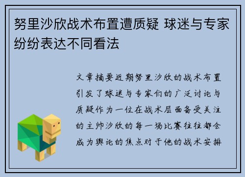 努里沙欣战术布置遭质疑 球迷与专家纷纷表达不同看法