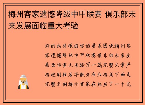 梅州客家遗憾降级中甲联赛 俱乐部未来发展面临重大考验